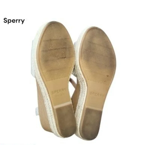Sperry Topsider Plushwave Fairwater Metallic Gold Tan Leather Espadrille Wedge 9 - Picture 12 of 13